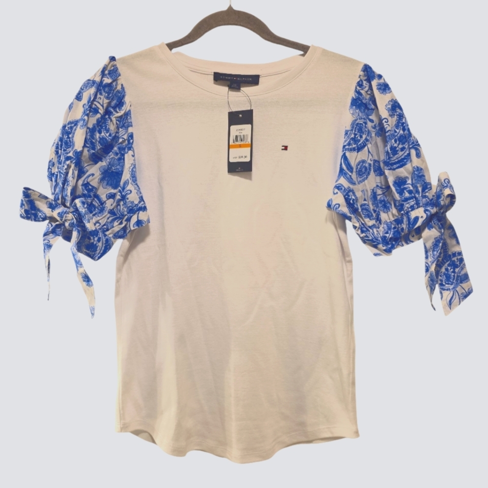 Tommy Hilfiger, NWT, 3/4 Length Puffy Floral Sleeves That Tie, Women's Sz S, Whi